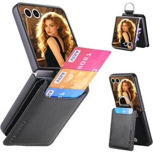 Wallet Case for Samsung Galaxy Z Flip 7 with 3 Card Slots Holder and Ring, Luxury PU Leather Kickstand Shockproof Protective Cover for Galaxy Z Flip7 LZQB Black