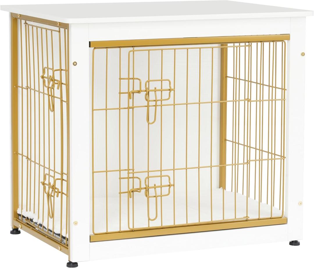 DWANTON Dog Crate Furniture with Cushion, Wooden Kennel Table with Double Doors, Indoor Dog House, Small/Medium/Large Size, 27.2" L, White