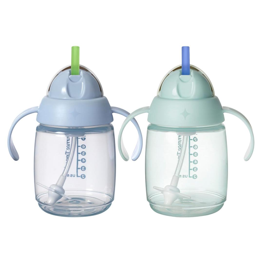 Tommee Tippee Starter Weighted Straw Baby & Toddler 10oz Sippy Cup for 6 Months+, with Silicone Weighted Straw and Easy-Hold Handles, BPA Free, Blue & Green, Pack of 2 (8oz)