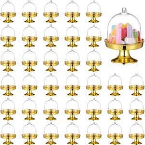36Pcs Plastic Mini Cake Stand with Dome Cover, Chocolate Candy Cupcake Containers, Clear Small Cake Display Stand for Chocolate, Dessert, Wedding, Birthday, Tea Party Supplies (Gold)