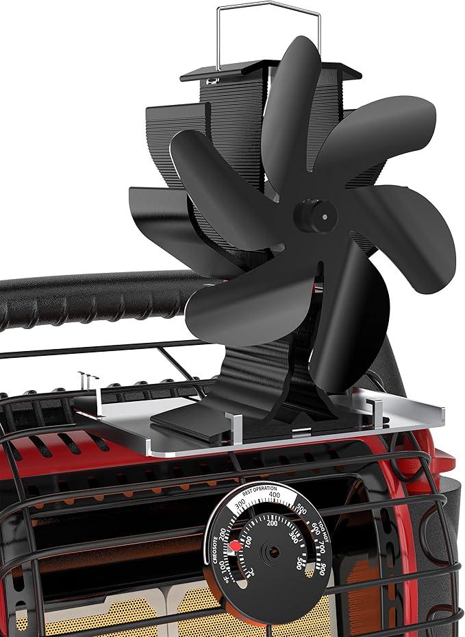 HIDALIFE Wood Stove Fan for Heater, Heat Powered Fireplace 6 Blades Fan with Bracket Compatible for Heater,Thermal Tent Heater Fan for Camping Propane Heater with Magnetic Thermometer