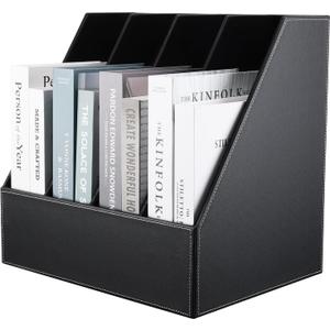 KINGFOM 4-Slot Wood Leather Document Files Holder Rack Stand Desk Files Organizer Papers Collection Cabinet (4 slot Black)
