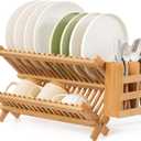 Bamboo Dish Drying Rack with Utensil Holder, 2 Tier Collapsible Dish Rack for Kitchen Counter, Large Folding Drying Holder, Dish Drainer, Kitchen Organizers and Storage