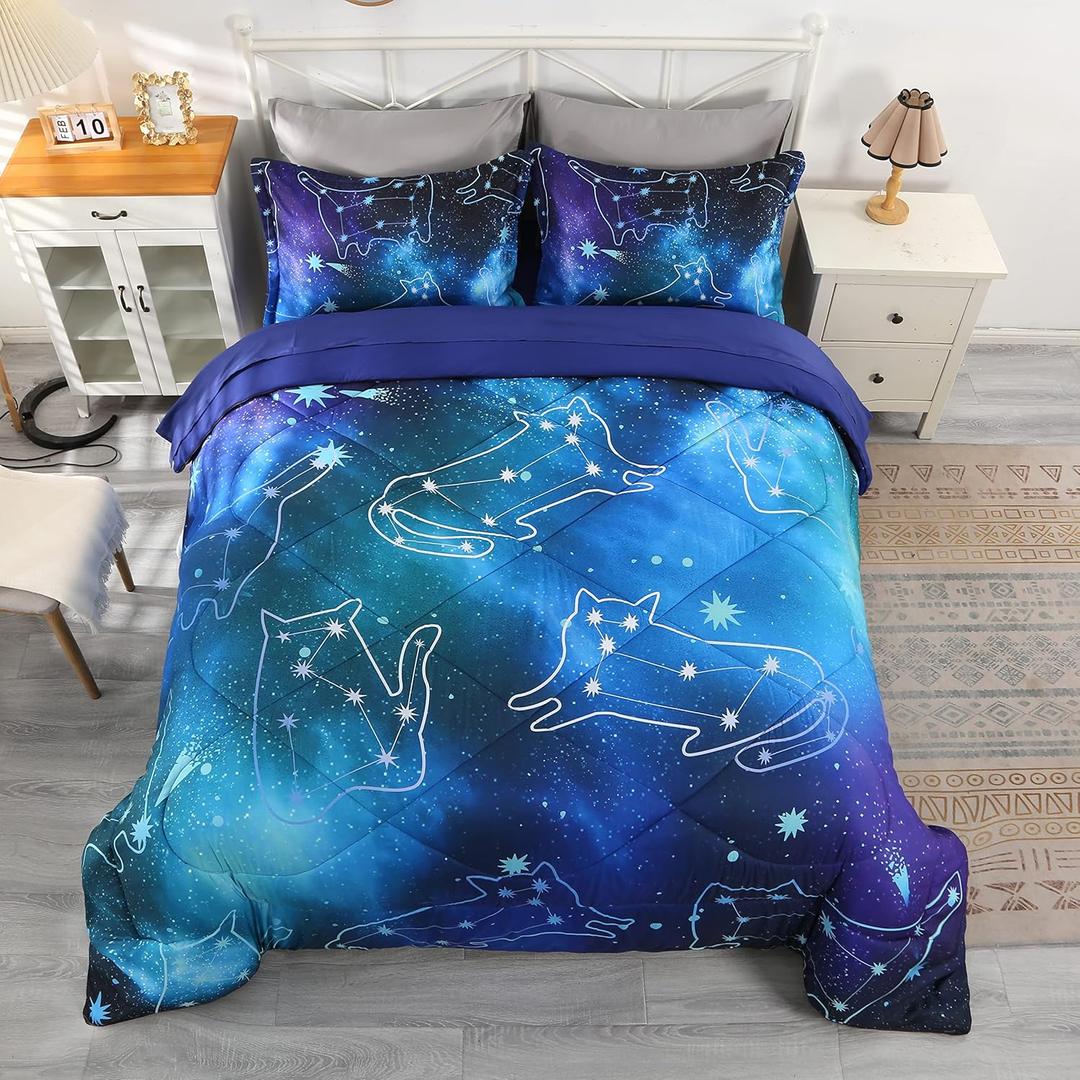 Wowelife Galaxy Bedding Comforter Set Full Size with Sheets, 5-Piece Blue 3D Galaxy Bed in A Bag Full for Kids Bed Set with Comforter, Flat Sheet, Fitted Sheet and 2 Pillowcases