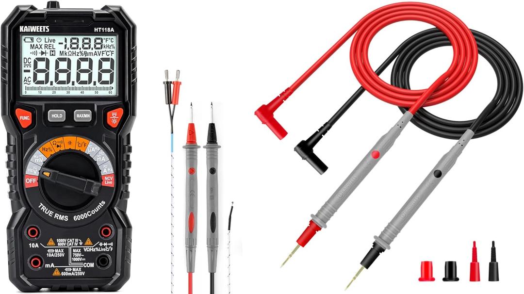 KAIWEETS HT118A Digital Multimeter TRMS 6000 Counts Voltmeter and KET20 Silicone Multimeter Test Leads with Gold-Plated Probes