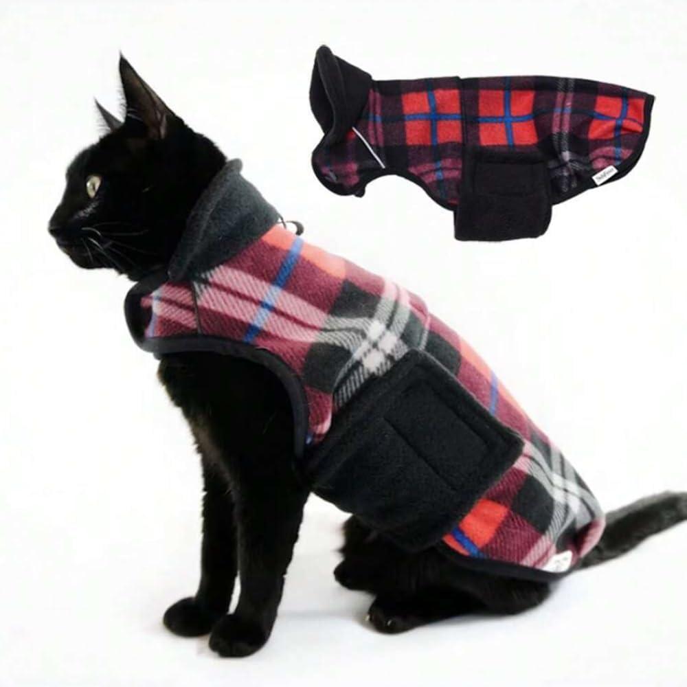 Sphynx Cat Windproof Turtleneck Jacket, Cat Puppy Warm Fleece Hoodie Fall and Winter,Easy to Wear Cat Coat with Velcro,Neck and Chest Adjustable Sweater (XS (1-2lbs)