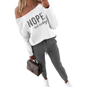 CHICME Women Tracksuit Fall 2 piece Outfits Off The Shoulder Long Sleeve Tops and Pants Set Travel Outfits (L)