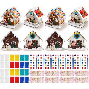 Poen 4 Sets Christmas Gingerbread House Craft Kit Bulk, Christmas DIY Crafts Include Wooden Gingerbread House, Paint, Paintbrush, Stickers, Clay for Xmas Party Craft Supplies