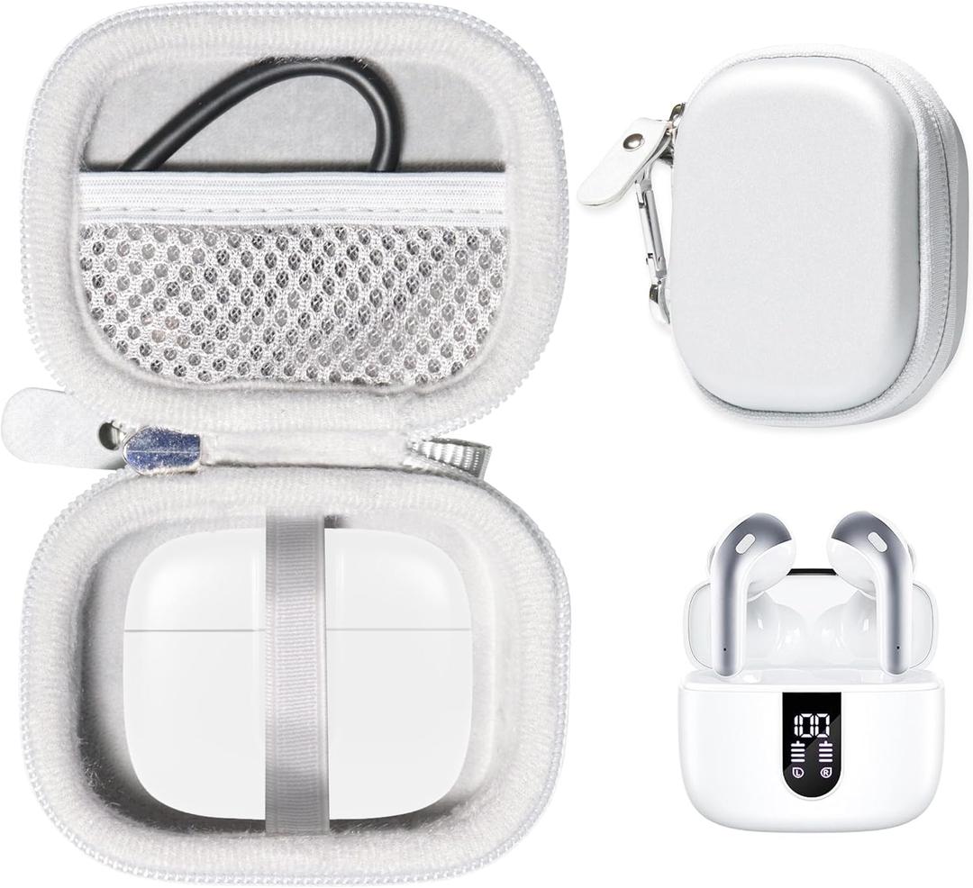 CaseSack Case for TAGRY X08 Bluetooth Headphones True Wireless Earbuds 60H, mesh Pocket for Charge Cable (White)