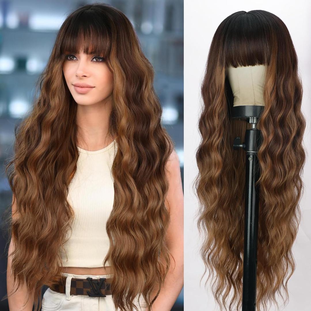 30 Inch Long Wigs with Bangs Ombre Brown Wigs for Women Brown Mixed Blonde Highlight Wig Synthetic Curly Wavy Heat Resistant Wigs for Daily Party Use