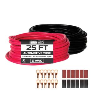 Iron Forge Cable 6 Gauge Wire - 2 Pack 25ft Copper Clad Aluminum Primary Cable 6 AWG Heavy Duty with Wire Lug Terminal Connectors and Heat Shrink Tube Iron Forge Cable 6 Gauge Wire - 2 Pack 25ft Copper Clad Aluminum Primary Cable 6 AWG Heavy Duty with Wire Lug Terminal Connectors and Heat Shrink Tube