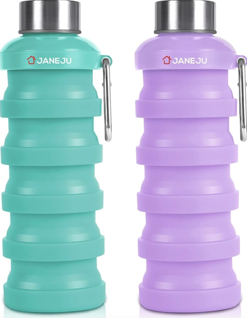 JaneJu Collapsible Water Bottle, 17oz BPA Free Silicone Reusable Portable Lightweight Foldable Water Bottles with Carabiner, Portable Leak Proof Sports Water Bottle (green&purple)