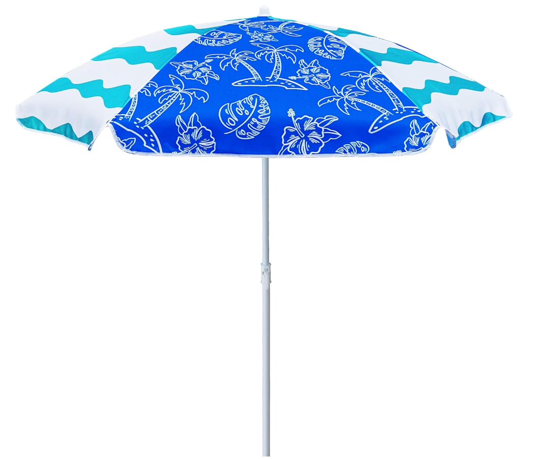 AMMSUN 5ft Seaside Umbrella for Sand and Water Table - Kids Durable Umbrellas for children Beach Camping Garden Outdoor Play Shade Blue Coconut Tree