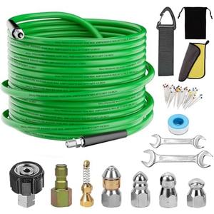 Sewer Jetter Kit for Pressure Washer,Water Jet Drain Cleaning Hose with Corner Rotating Button Spring Nose 1/4" NPT Sewer Cleaning Tool High-Pressure Nozzles,5800 PSI 50 FT