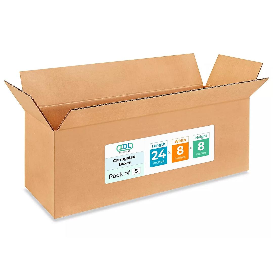 Long Moving & Shipping Boxes 24 x 8 x 8 inches (5-Pack) - Extra Strength 200 lb vs Regular - USA-Made Corrugated Cardboard Boxes for Delivery - Long Box for USPS - Box to Pack Moving by IDL Packaging