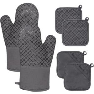 4 Pcs Oven Mitts and Pot Holders,High Heat 500°F Resistant Glove Potholder with Thick Cotton,Silicone NonSlip Surface Long Kitchen Oven Glove for Cooking Baking Grilling(Grey)