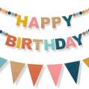 Oudain 2 Pack Pre-strung Felt Happy Birthday Banner Party Decorations Reusable Boho 3D Pom Pom Ball Garland Triangle Flag Birthday Pennant Sign for Adult Boy Girl Photo Prop Backdrop(Rainbow)