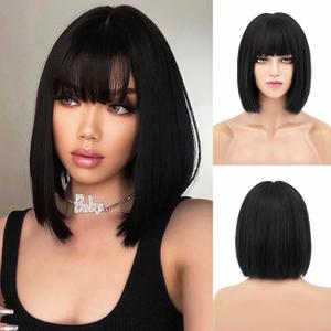 NAYOO Black Wig with Bangs - 12 Inch Short Bob Wig, Super Soft Straight Hair, Natural Look, Perfect for Daily Use, Cosplay, Halloween