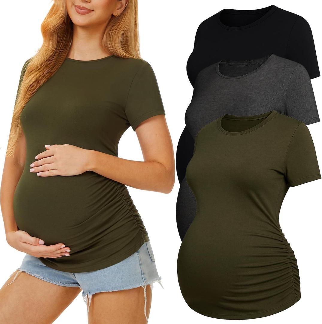 3 Pack Womens Maternity Shirts - Crew Neck Maternity Top Short Sleeve Pregnancy Tee Shirts (XX-Large, Black/Army Green/Dark Grey)
