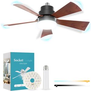 Socket Fan Light, E26 Screw in Bulbfan with 1 Spare Lightbulb, 20.5 IN Ceiling Fans with Lights Dimmable for Laundry Room Garage Kitchen Circulation Wood