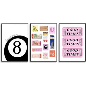 MTFBWY Trendy Matchbox Wall Art, Vintage Matchbook Posters, Retro Ticket Good Times Wall Decor Prints Preppy Black 8 Ball Poster, Aesthetic Pictures Prints Retro Bar Cart Art Set Of 3 12"x16" Unframed