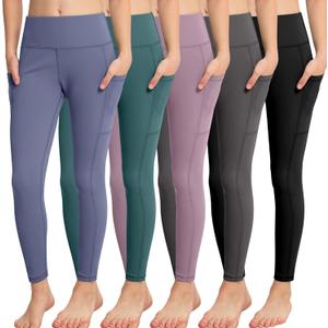 CHRLEISURE Girls' Athletic Leggings with Pockets, 5 Packs Kids Teen Dance Yoga Workout Running Pants for 5-15 Years (12-13 Years, 5 Packs - Black/Gray/Lilac Pink/Teal/Steel Blue)