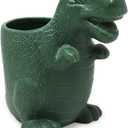 Isaac Jacobs Green Ceramic Dinosaur Cup, Toothbrush Holder, Multi-Purpose Organizer,  Great for Toiletries, Bathroom, Kitchen, Crafts, Desk, Novelty Bathroom Accessory (Single Cup, Green)