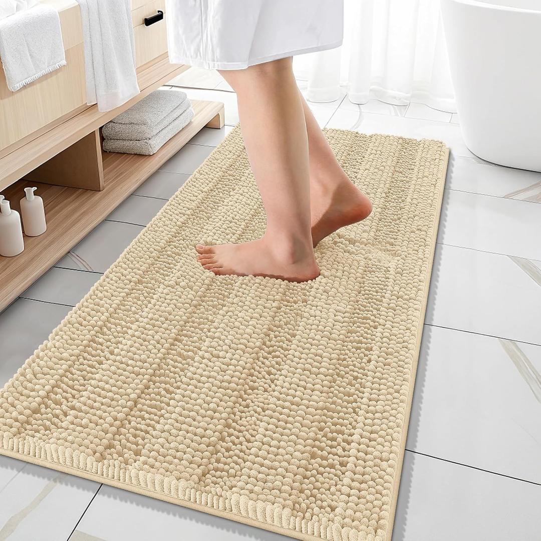 OLANLY Thick Bathroom Rugs 47x20, Extra Soft Absorbent Chenille Striped Bath Rugs, Rubber Backing, Machine Wash Dry, Bath Mats for Bathroom Floor, Tub and Shower, Home Decor Accessories, Beige