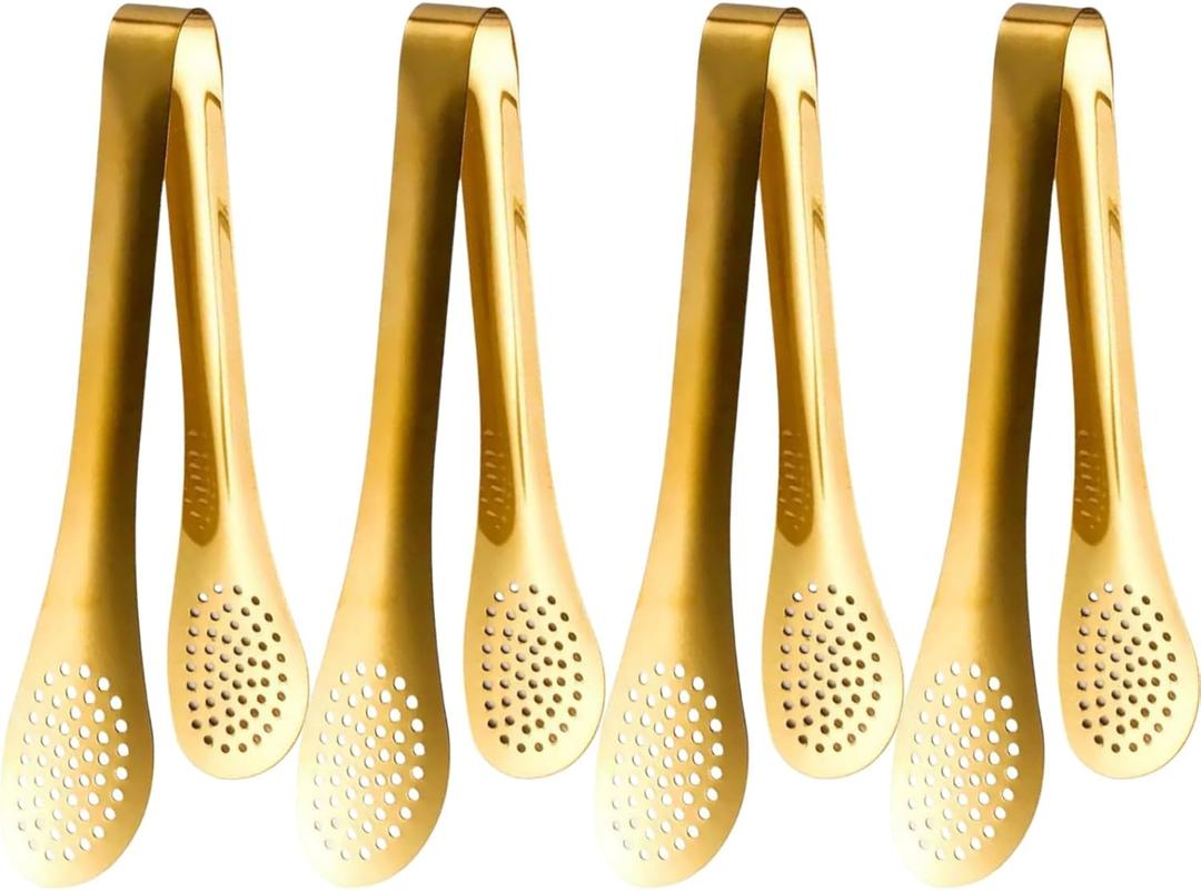 9 Inch Gold Buffet Tongs Set of 4, Stainless Steel Food Serving Utensils Tong for Cooking, Salad, Barbecue, Buffet, Toast
