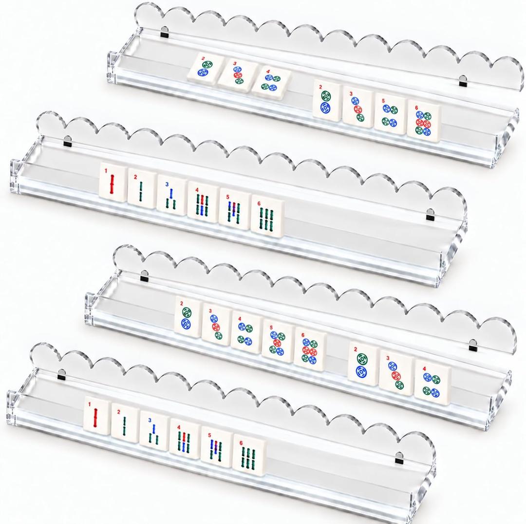 Mahjong Racks with Pushers, Clear Acrylic 4-Player Set, 17.5 Inch