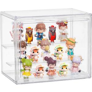 Acrylic Display Case,3 Layer Clear Display Case Adjustable Display Box Stand with 2 Movable Dividers Small Showcase Magnetic Door for Collections Mini Figures