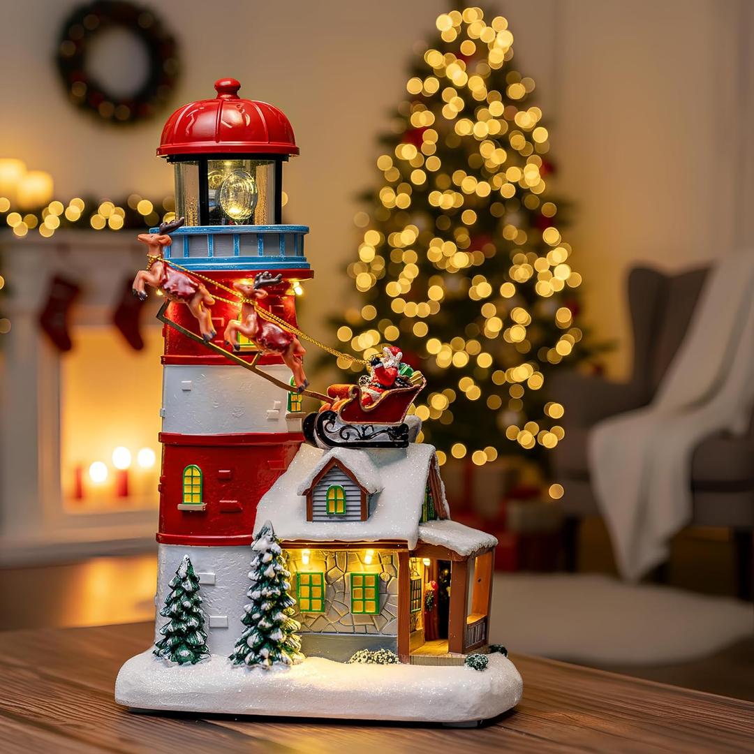 Musical Christmas Village Figurines Lighthouse & Flying Santa Collectibles Building Statues, Battery & USB Christmas Home Decor Gifts Festive Holiday Decorations