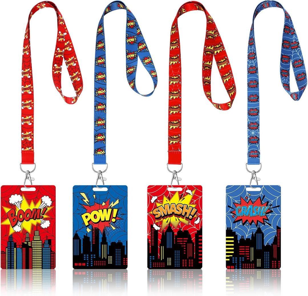 Liliaafar 4 Pcs Hero Badge Reel Supplies Colored Hero and City Badge Holder Reel Lanyard ID Card Holder with Lanyard for Students Teachers Nurses Office Workers