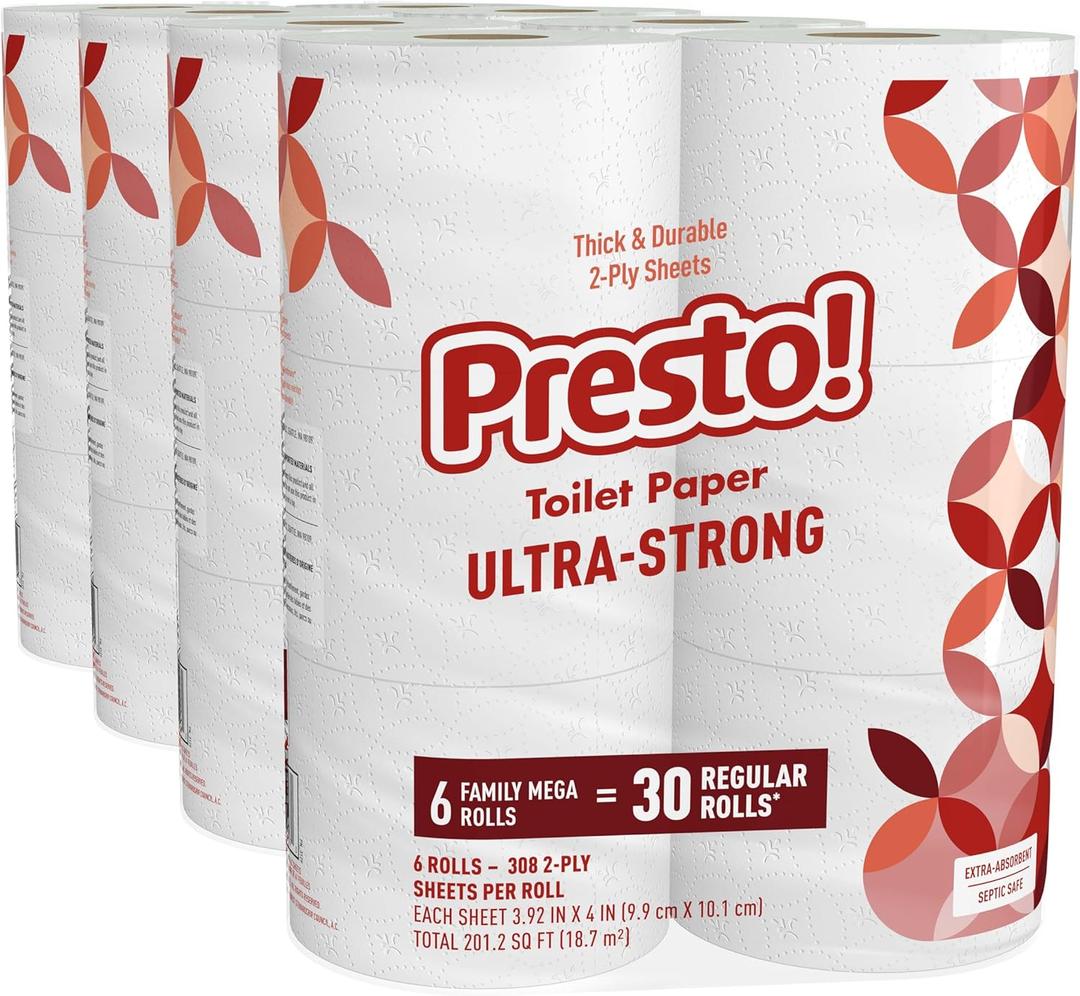Amazon Brand - Presto! Ultra-Strong 2-Ply Toilet Paper, 24 Mega Rolls = 120 Regular Rolls, 308 Sheets Per Roll, Unscented