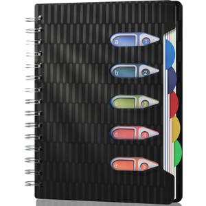 CAGIE 5 Subject Notebook with Dividers, 240 Pages Spiral Notebook 5x7, Small Spiral Notebook College Ruled,100gsm Lined Journal Notebooks with Tabs for Work, School,Office, Note Taking, Black