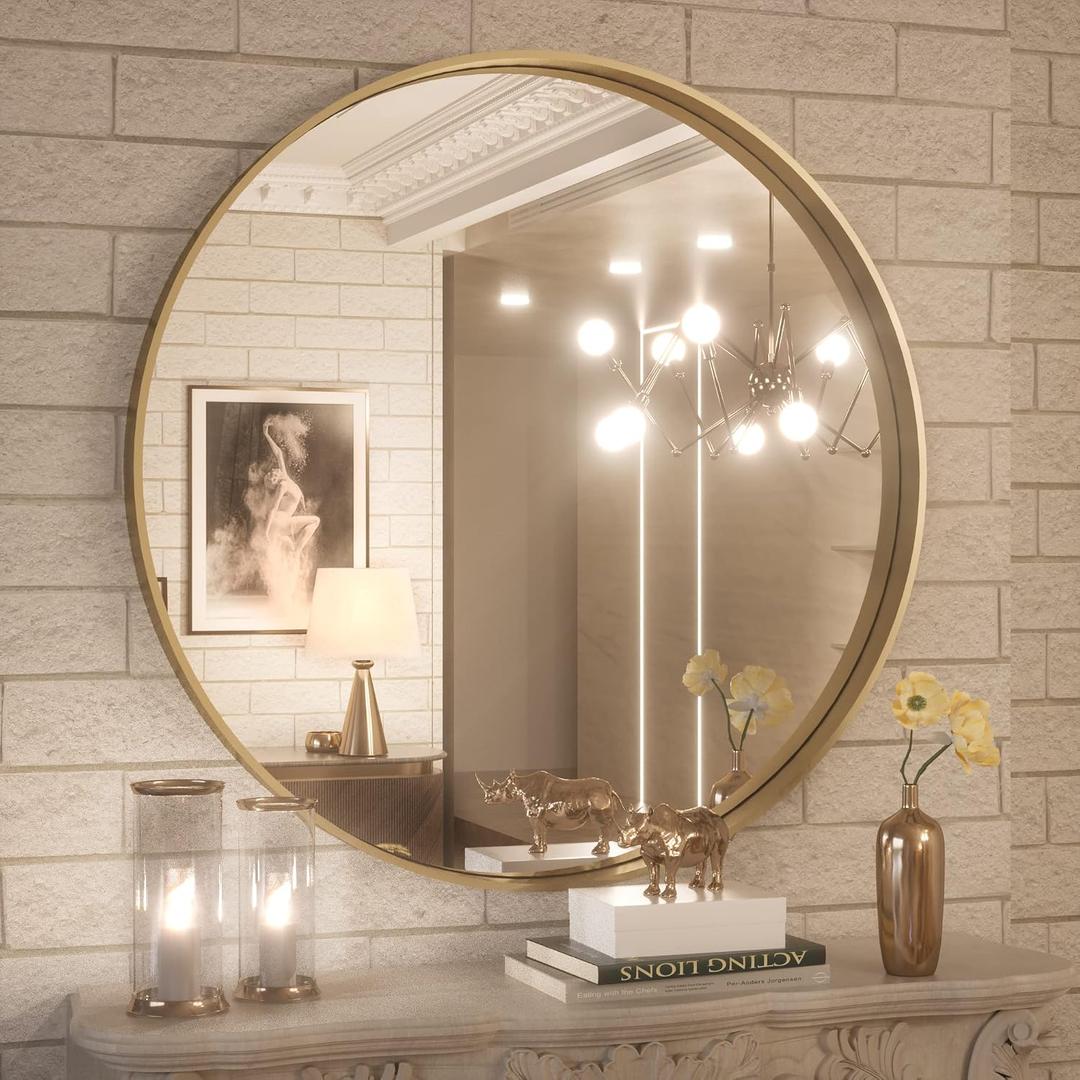 Brushed Gold Round Mirror 30 Inch Gold Round Vanity Bathroom Mirror for Wall Aluminum Alloy Matte Metal Frame Modern Gold Circle Mirror Fit in Minimalist Multi Style Home Decor