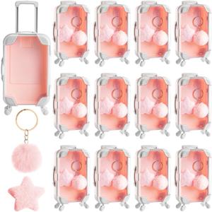 LemonRoad 36 Pcs Mini Suitcase Party Favor Box with Plush Ball Keychains and Hair Clips 6.69 x 3.74 x 1.97 Inches Clear Mini Suitcase Gift Box for Travel Wedding Birthday Party Favors (Pink)