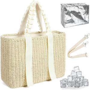 14L Large Insulated Beach Cooler Bag with Removable Liner, Natural Corn Husk Straw Travel Tote for Women, Picnic Lunch Bag, Bride Wedding Gift