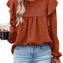 PRETTYGARDEN Women's Long Sleeve Blouses Ruffle Swiss Dot Crochet Loose Fit Tunic Dressy Casual Tops Shirts Fall Fashion 2025 (Large, Brick Red)