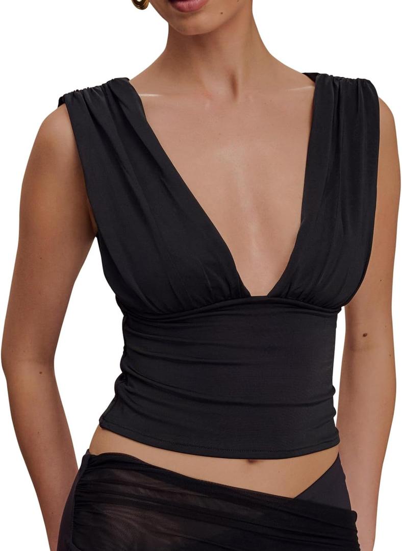 LCNBA Women's Summer Deep V Neck Sexy Crop Tops Ruched Sleeveless Going Out Double Layer Tank Tops Black Large
