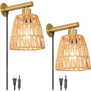 Boho Plug in Wall Sconce Set of 2, Gold Plug Sconces Set of 2, Rattan Sconce Light Fixture with 5.9FT On/Off Switch Cord, Farmhouse Wall Mounted Light for Bedroom Living Room Reading Hallway