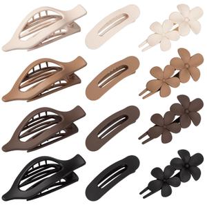 12 PCS Flat Hair Clips for Women - 3 Styles Flat Claw Clips for Thin Thick Hair, Strong Hold Hair Accessories (Brown)