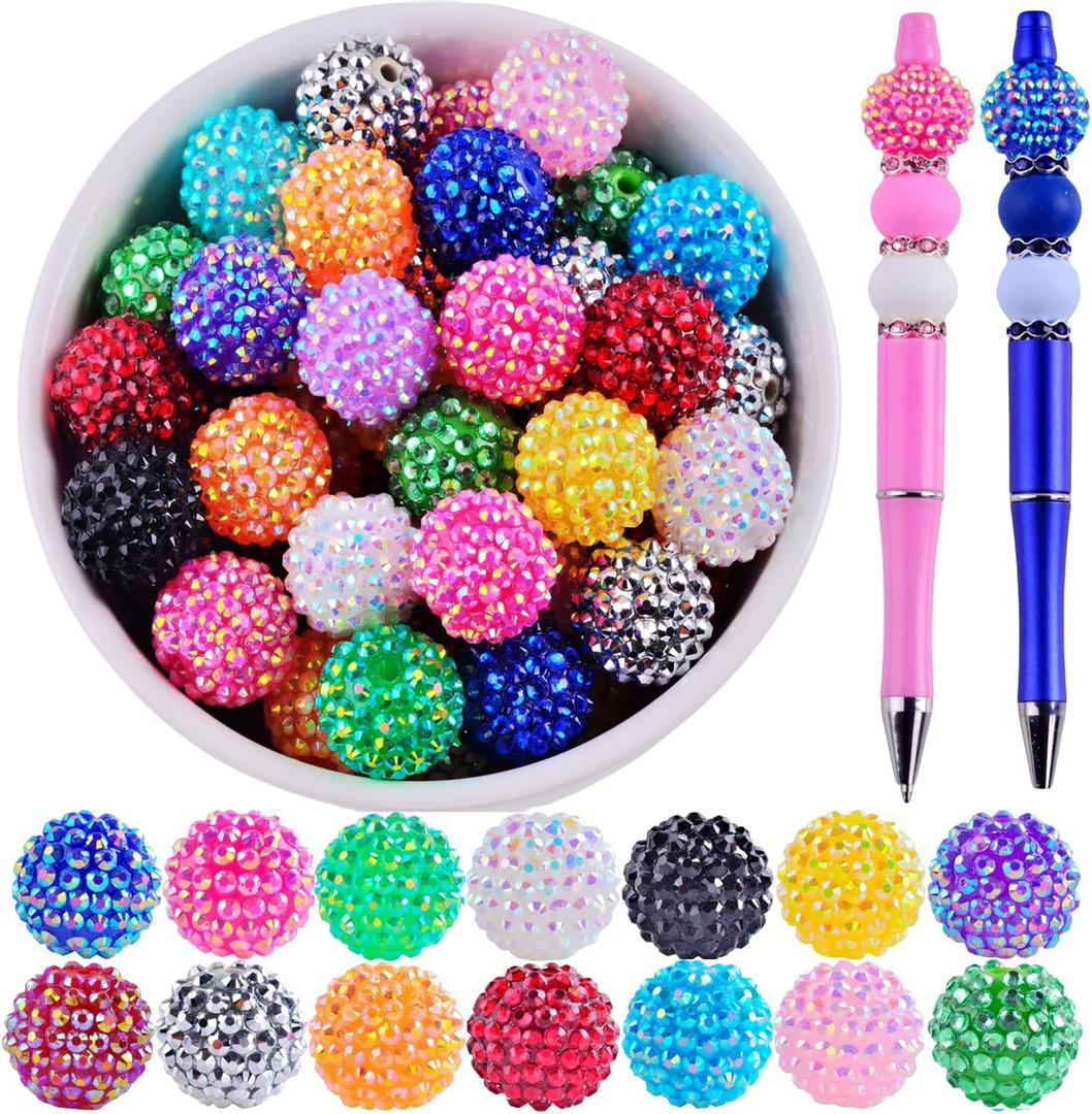 20mm Rhinestone Beads for Pens 20pcs Beaded Pens Beads Bling Glitter Suger Bugglegum Beads Large Balls Crystal Pen Beads for DIY Pens Keychain Making Suppliers Bulk (Multicolor)