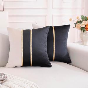 TAOSON Velvet Throw Pillow Covers,Pack of 2 Soft Decorative Cushion Covers Cases Black Beige Patchwork with Gold Leather for Sofa Bedroom Livingroom Car, 16 x 16 Inch