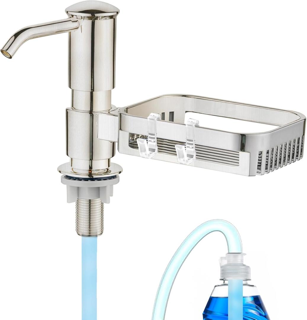 Soap Dispenser for Kitchen Sink, Built in Soap Dispenser Pump with Sponge Holder, Under Counter Brushed Nickel ABS Pump Head with 38" Extension Tube Kit, Good Suction Power