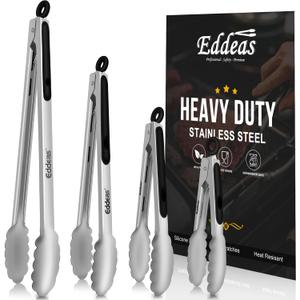 Grill Tongs - BBQ Tongs Heat Resistant 600 Degrees, Heavy Duty Metal, Perfect for Cooking, Grilling, Set of 4, 7",9",12" & 14 inch Black