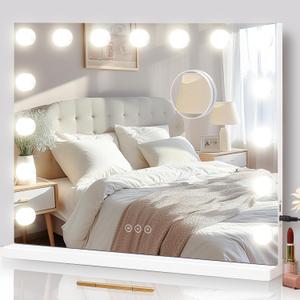 NUSVAN Vanity Mirror with Lights Lighted Makeup Mirror with 15 Dimmable LED Bulbs, 3 Color Lighting Modes, USB Charging Port Touch Control, Sturdy Metal Frame Design 22.8x18 Inch, White