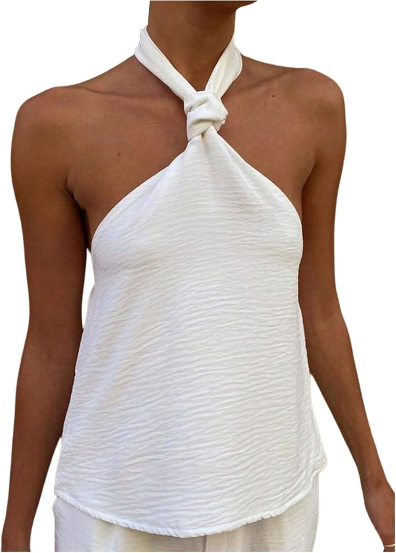 Women's Twist Knot Halter Tops Y2K Sleeveless Backless Party Club Tank Top (White, M)
