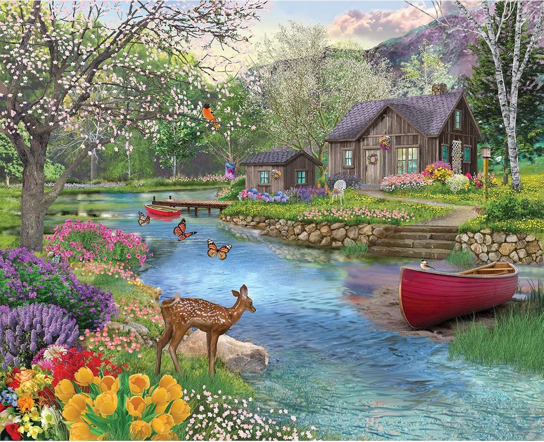 Bits and Pieces - 500 Piece Jigsaw Puzzle for Adults 18" x 24" - Spring Cabin - 500 pc Forrest River Boat Pier Flower Tree Nature Bloom Jigsaw by Artist Bigelow Illustrations