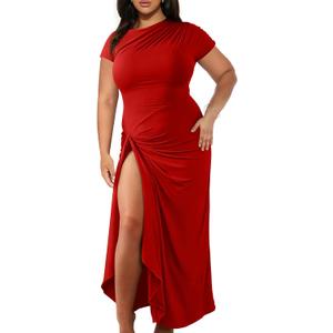 GOKATOSAU Women's Asymmetry Neck High Side Split Bodycon Ruched Plus Size Long Maxi Dress (Red)